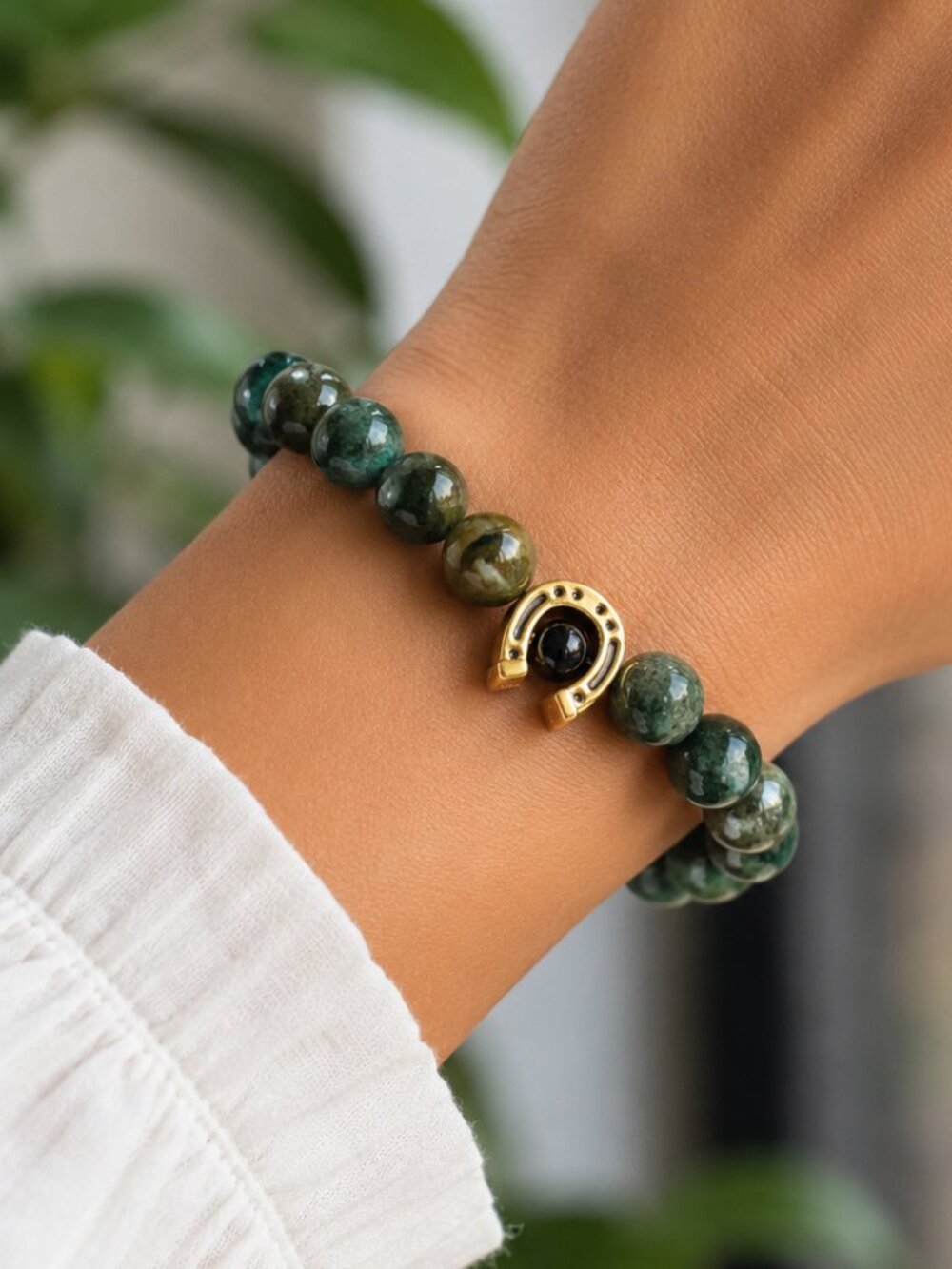 Verdite Gemstone Bracelet with Gold Horseshoe Charm – Harmony & Balance